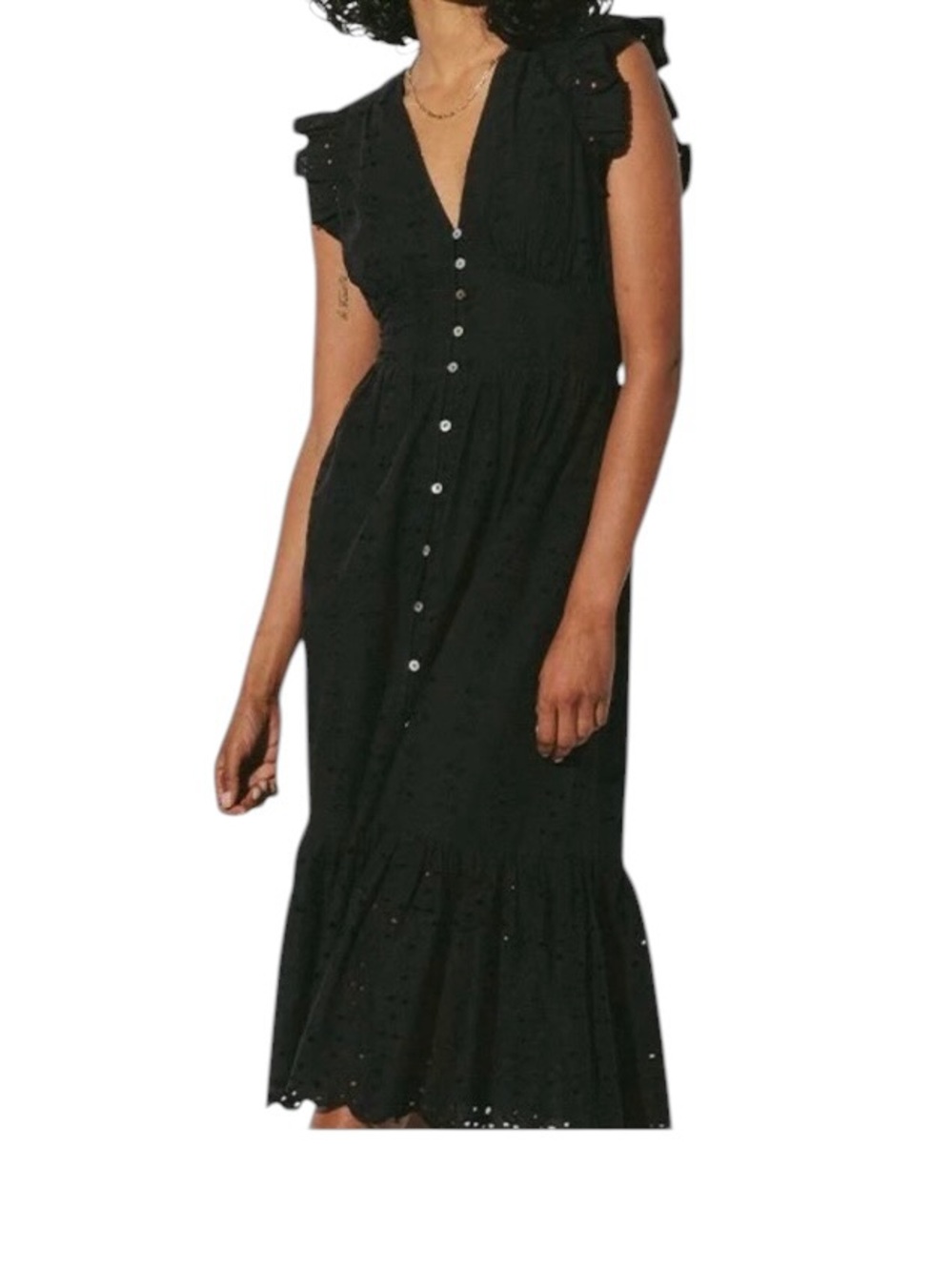 Cleobella Brielle Cotton Eyelet Ruffle Sleeve V-Neck Button-Up Midi Dress